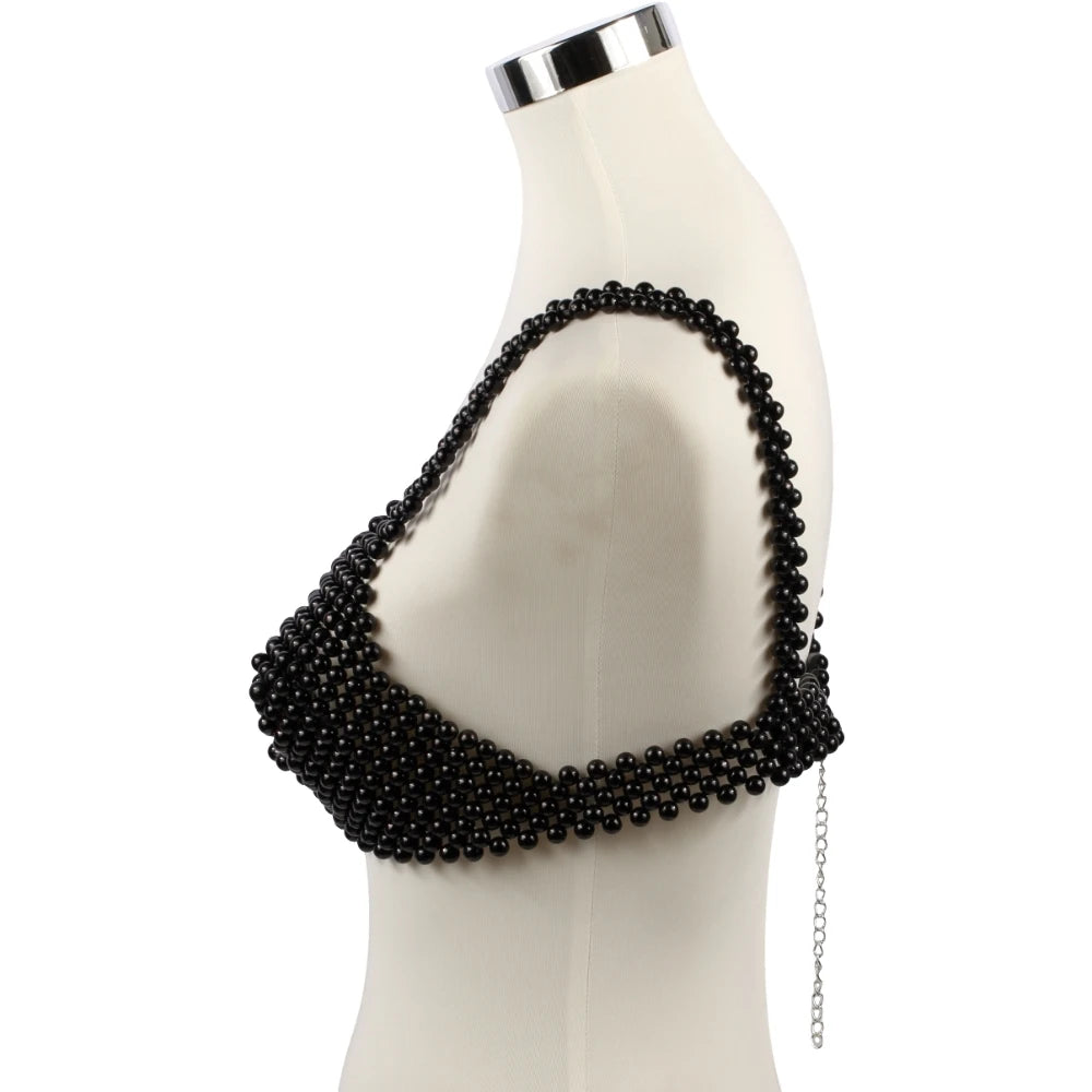 Pearl Body Chain Sexy Women Beaded Overlay Cover Up Top Bra Beach Jewelry Costume Statement Chunky Beads Shoulder Accessories