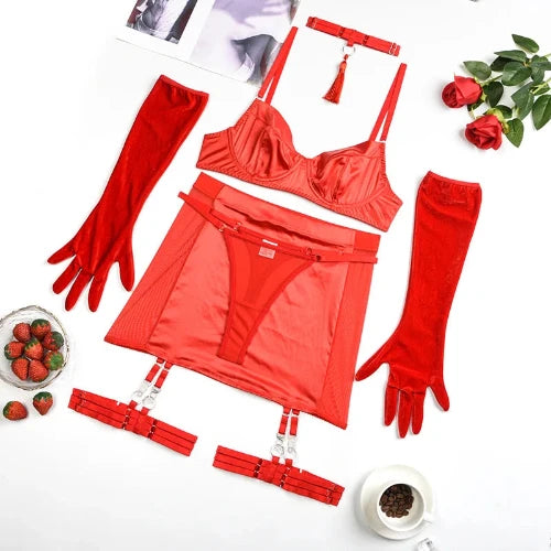 HICOSY Sexy Bra Set with Hip Wrap Skirt - Exotic with Chains, Satin Luxury Designer Lingerie - Red with Gloves