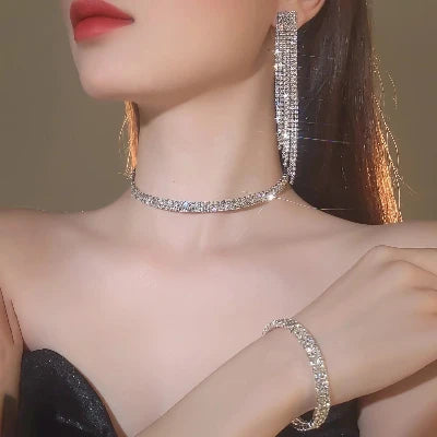 50810947961172 - 3 Pcs Rhinestone Jewellery Set - Tassel Choker/Necklace, Fringe Bracelet, Dangling Earring for all events