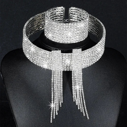 3 Pcs Rhinestone Jewellery Set - Tassel Choker/Necklace, Fringe Bracelet, Dangling Earring for all events