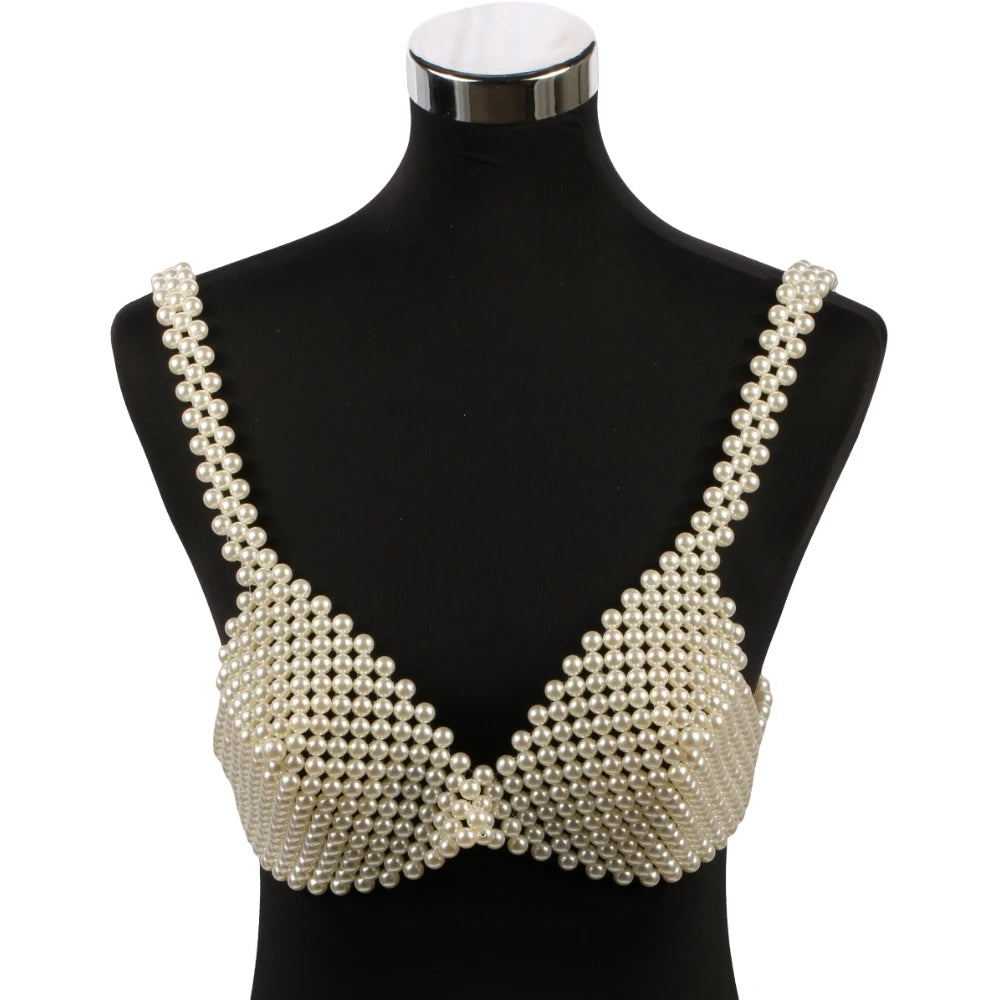 Pearl Body Chain Sexy Women Beaded Overlay Cover Up Top Bra Beach Jewelry Costume Statement Chunky Beads Shoulder Accessories