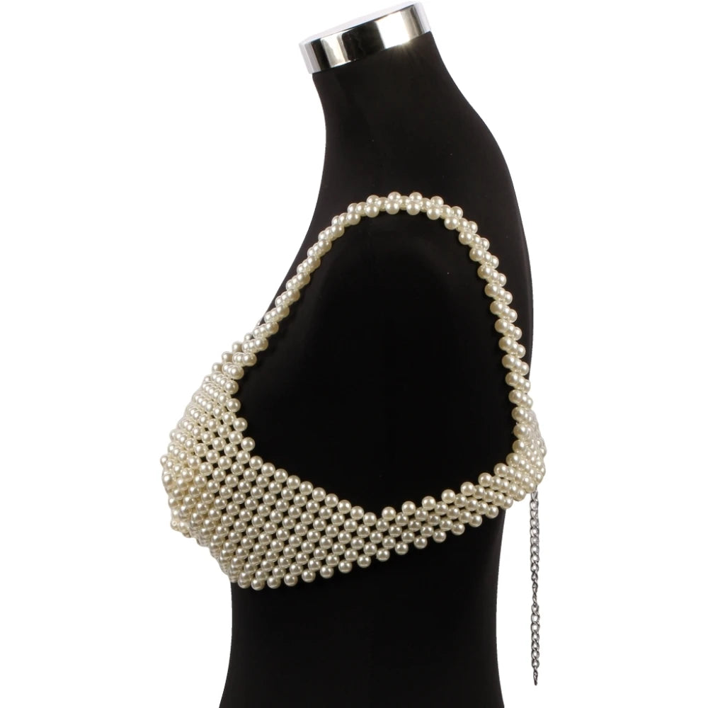 Pearl Body Chain Sexy Women Beaded Overlay Cover Up Top Bra Beach Jewelry Costume Statement Chunky Beads Shoulder Accessories