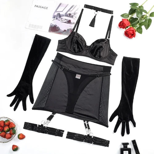 HICOSY Sexy Bra Set with Hip Wrap Skirt - Exotic with Chains, Satin Luxury Designer Lingerie - Black with Gloves