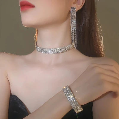 50810947928404 - 3 Pcs Rhinestone Jewellery Set - Tassel Choker/Necklace, Fringe Bracelet, Dangling Earring for all events