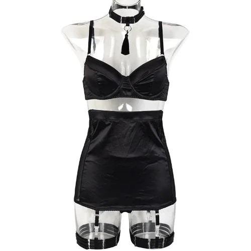 HICOSY Sexy Bra Set with Hip Wrap Skirt - Exotic with Chains, Satin Luxury Designer Lingerie - Black