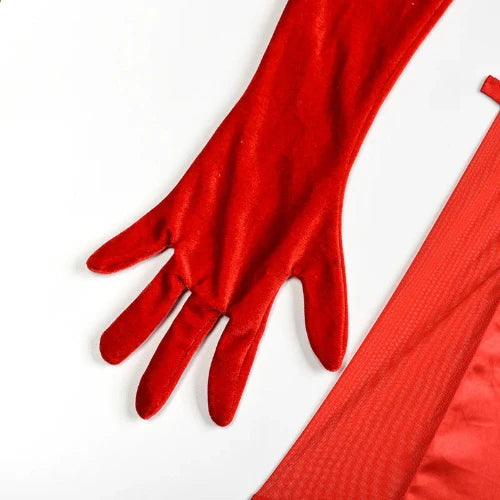 HICOSY Sexy Bra Set with Hip Wrap Skirt - Exotic with Chains, Satin Luxury Designer Lingerie - Red Gloves
