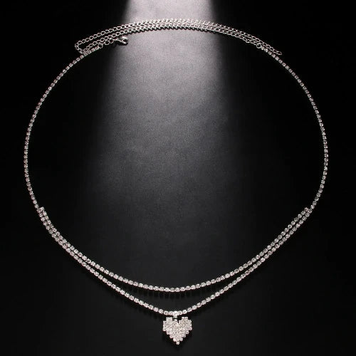 50810962542932 - Double Layer "Heart" Waist Body Chain Belt for Women - Luxury Sexy Crystal Jewellery for Nightclubs/Dances - Silver version