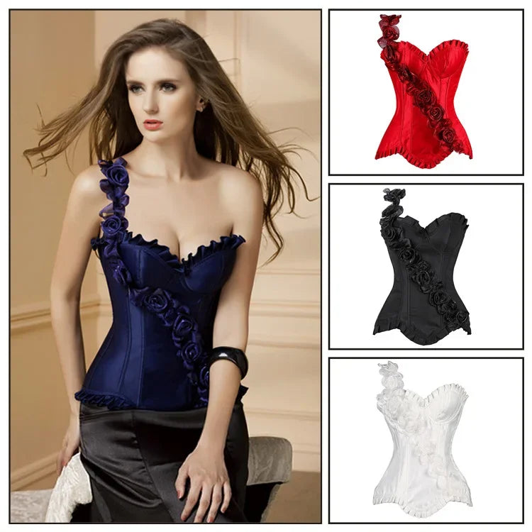 Luxury Floral Sexy Satin One-Shoulder Corset - Overbust Lace-Up Bustier - Party/Clubwear