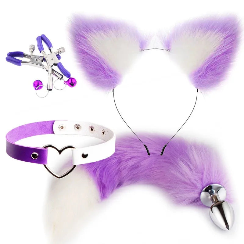 4-piece Adult BDSM Games set Cute Fox Tail Anal Plug Cat Ears Nipple Clip Neck Collar Erotic Cosplay Sex Toys For Women Couple