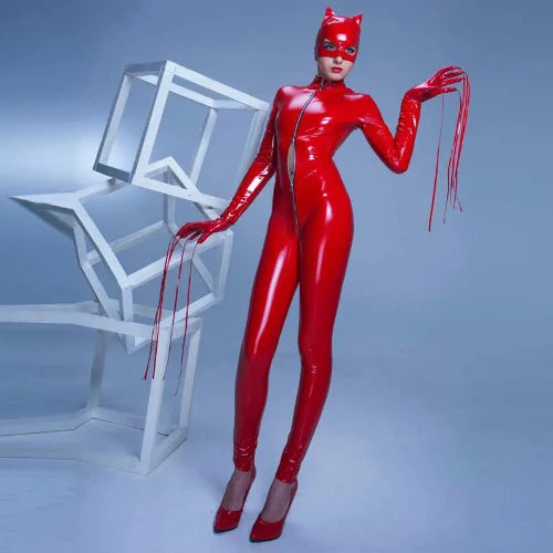 Sexy Hot Faux Leather Bodysuit - Wetlook Stretch PVC Latex Catsuit with Zipper - Clubwear - Red