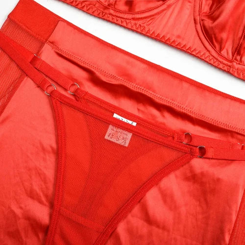 HICOSY Sexy Bra Set with Hip Wrap Skirt - Exotic with Chains, Satin Luxury Designer Lingerie - Red Skirt and Pants
