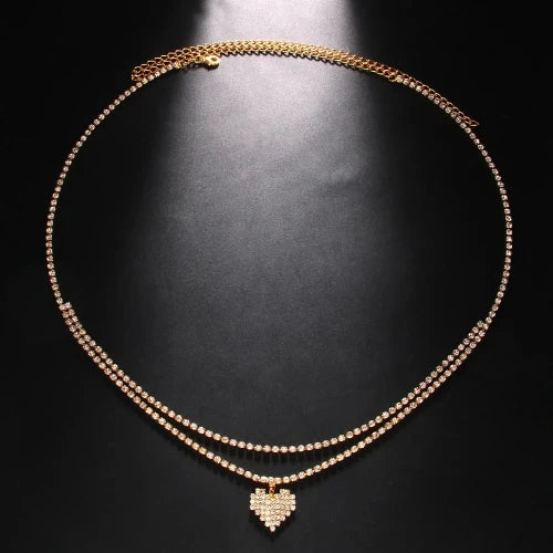 50810962510164 - Double Layer "Heart" Waist Body Chain Belt for Women - Luxury Sexy Crystal Jewellery for Nightclubs/Dances - Gold version
