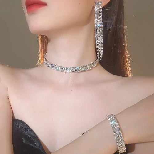 50810947895636 - 3 Pcs Rhinestone Jewellery Set - Tassel Choker/Necklace, Fringe Bracelet, Dangling Earring for all events