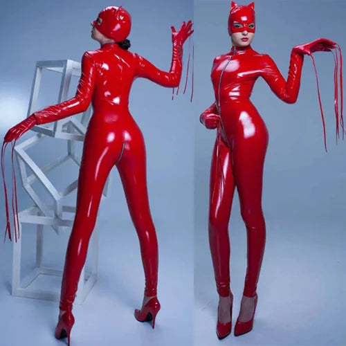 Sexy Hot Faux Leather Bodysuit - Wetlook Stretch PVC Latex Catsuit with Zipper - Clubwear - Red version