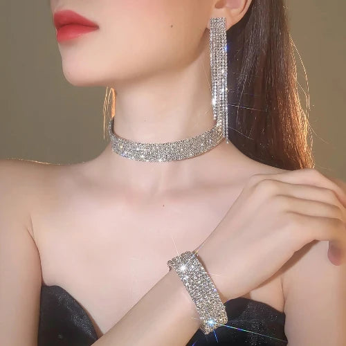50810947830100 - 3 Pcs Rhinestone Jewellery Set - Tassel Choker/Necklace, Fringe Bracelet, Dangling Earring for all events