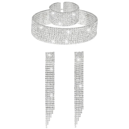 3 Pcs Rhinestone Jewellery Set - Tassel Choker/Necklace, Fringe Bracelet, Dangling Earring for all events