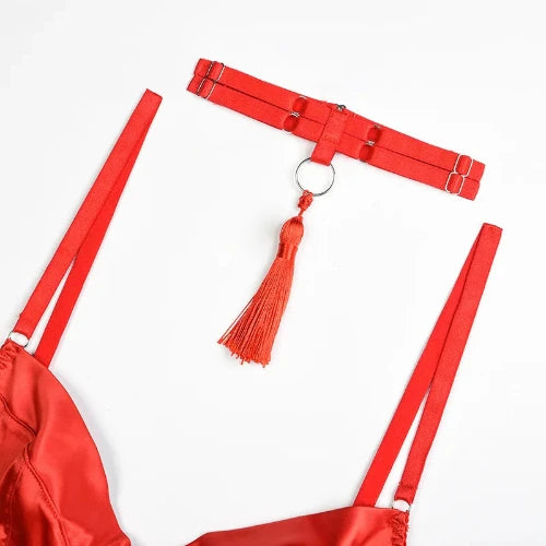 HICOSY Sexy Bra Set with Hip Wrap Skirt - Exotic with Chains, Satin Luxury Designer Lingerie - Red Details