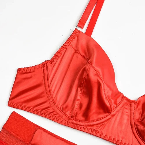 HICOSY Sexy Bra Set with Hip Wrap Skirt - Exotic with Chains, Satin Luxury Designer Lingerie - Red Bra