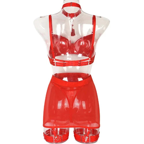 HICOSY Sexy Bra Set with Hip Wrap Skirt - Exotic with Chains, Satin Luxury Designer Lingerie - Red Back view