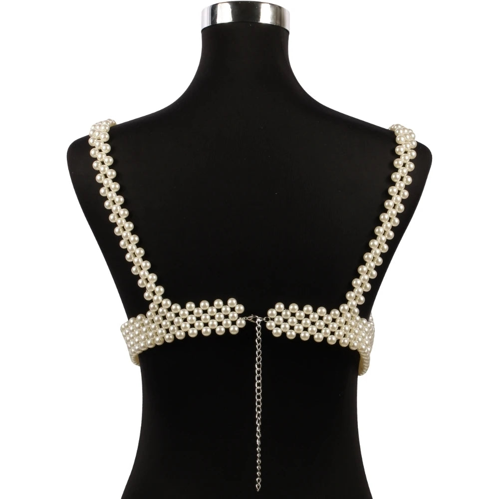 Pearl Body Chain Sexy Women Beaded Overlay Cover Up Top Bra Beach Jewelry Costume Statement Chunky Beads Shoulder Accessories