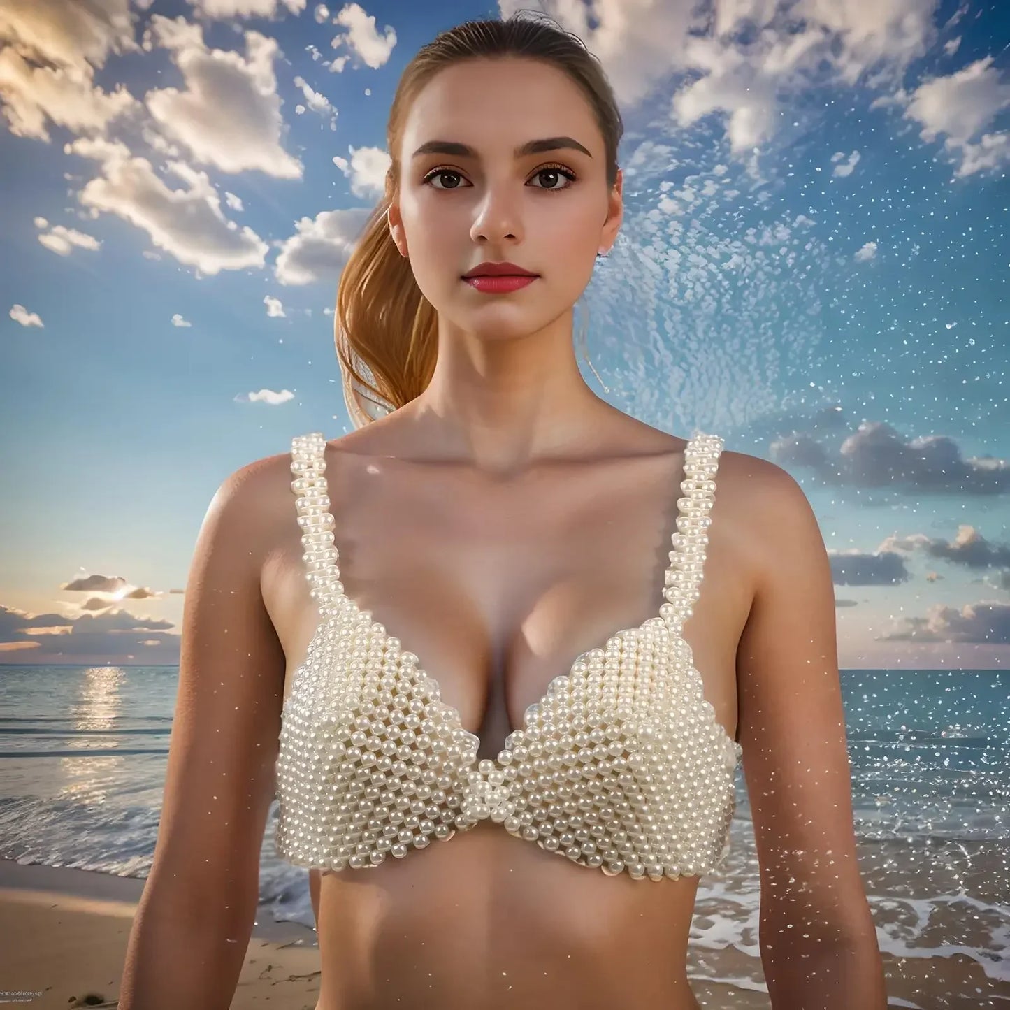 Pearl Body Chain Sexy Women Beaded Overlay Cover Up Top Bra Beach Jewelry Costume Statement Chunky Beads Shoulder Accessories