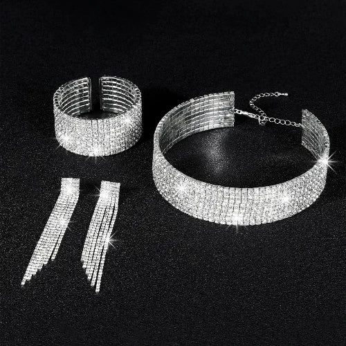3 Pcs Rhinestone Jewellery Set - Tassel Choker/Necklace, Fringe Bracelet, Dangling Earring for all events