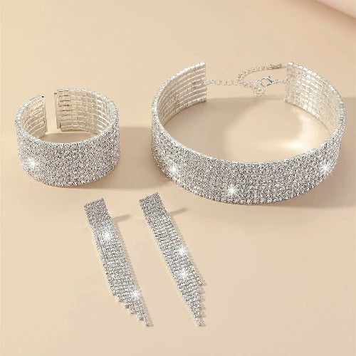 3 Pcs Rhinestone Jewellery Set - Tassel Choker/Necklace, Fringe Bracelet, Dangling Earring for all events