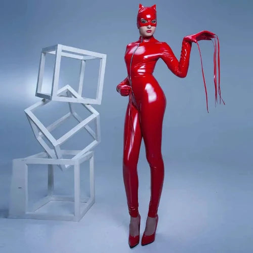 Sexy Hot Faux Leather Bodysuit - Wetlook Stretch PVC Latex Catsuit with Zipper - Clubwear - Red view