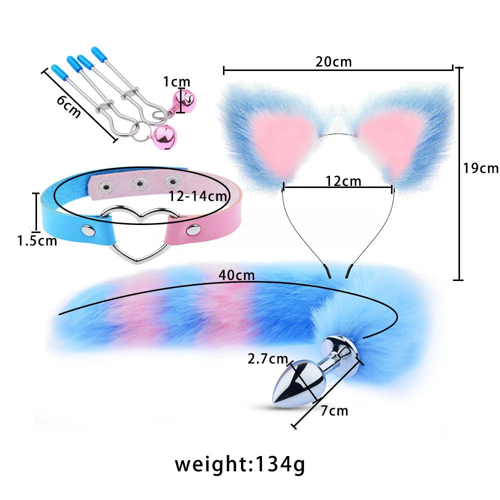 4-piece Adult BDSM Games set Cute Fox Tail Anal Plug Cat Ears Nipple Clip Neck Collar Erotic Cosplay Sex Toys For Women Couple