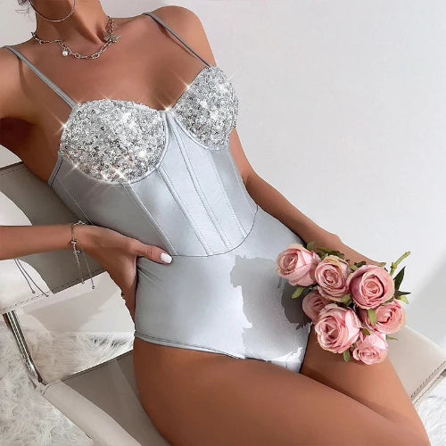 50810947731796|50810947764564|50810947797332 - OMSJ 2024 - Sexy Silver Satin Glitter & Sequins Skinny Corset with Spaghetti Straps, V-neck and Backless design