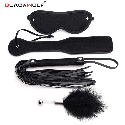 BLACKWOLF 4Pcs BDSM Bondage Kit - Eye Mask, Whip, Paddle, Anal Plug, - Adult Games/Erotic Sex Toys For Couples