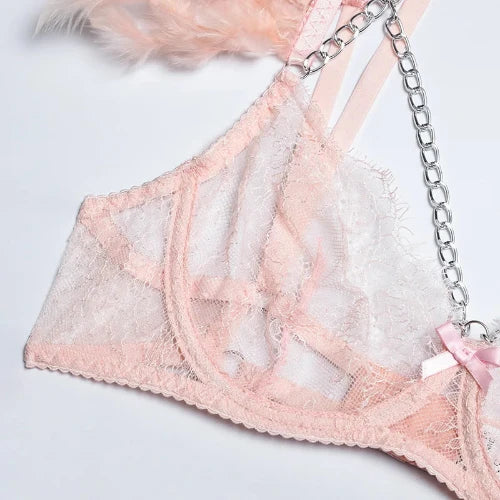 Exotic Feather/Lace Transparent Lingerie Set - Sexy Intimate Luxury See-Through Underwear for Women - Bra with Chain Detail