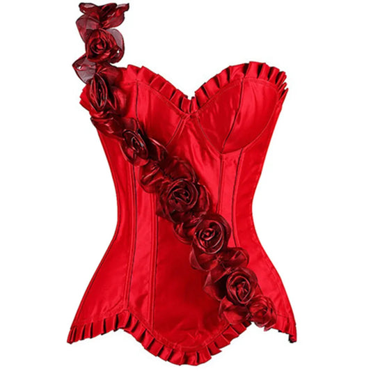 Luxury Floral Sexy Satin One-Shoulder Corset - Overbust Lace-Up Bustier - Party/Clubwear