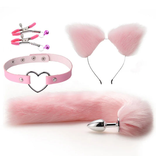 4-piece Adult BDSM Games set Cute Fox Tail Anal Plug Cat Ears Nipple Clip Neck Collar Erotic Cosplay Sex Toys For Women Couple