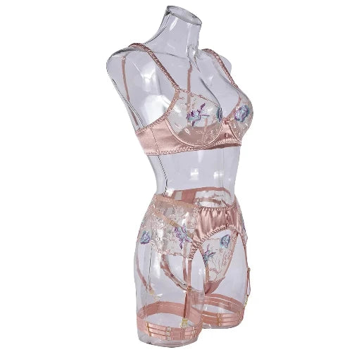 Ellolace Sensual Lingerie - Fancy Floral Silky/Sheen - Transparent Exotic Underwear/Garter Sets - Side View