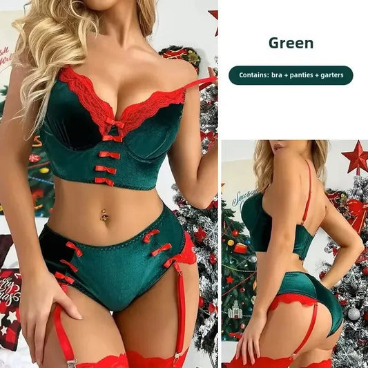 Christmas - Women's Velvet 2-Piece Luxury Lace Lingerie Set with Bow feature