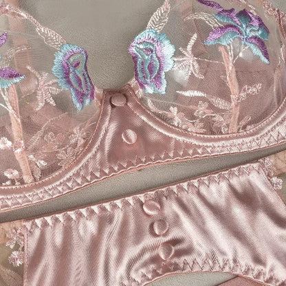 Ellolace Sensual Lingerie - Fancy Floral Silky/Sheen - Transparent Exotic Underwear/Garter Sets - Bra Detail