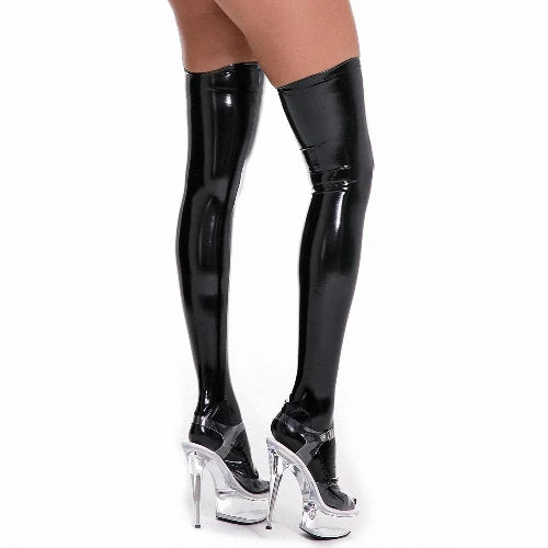 Women's Sexy Wet Look PU Leather - Thigh High PVC Stockings - Black