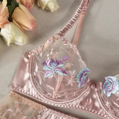 Ellolace Sensual Lingerie - Fancy Floral Silky/Sheen - Transparent Exotic Underwear/Garter Sets - Bra/Cup details