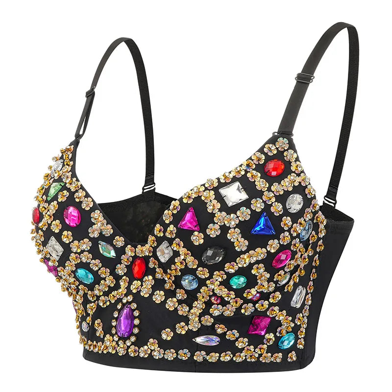 Multicolored Rhinestone & Floral-Sequined Crop Top - Luxury, Sexy Bra Top for great Rave Nights out!