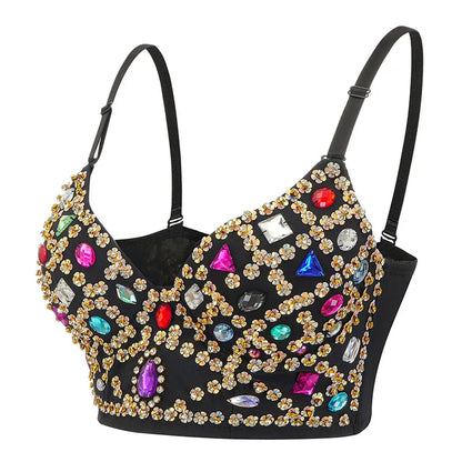 Multicolored Rhinestone & Floral-Sequined Crop Top - Luxury, Sexy Bra Top for great Rave Nights out!