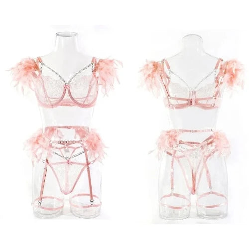 50766577172820|50766577205588|50766577238356|50766577271124 -  Exotic Feather/Lace Transparent Lingerie Set - Sexy Intimate Luxury See-Through Underwear for Women - Front and Back views