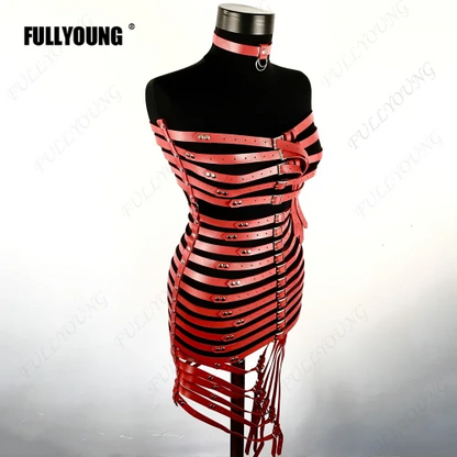 Sexy Full Body PU Leather Garter Belt/Harness/Bondage - Luxury Dress/Lingerie - Red Side view