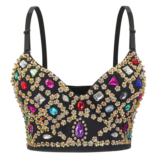 Multicolored Rhinestone & Floral-Sequined Crop Top - Luxury, Sexy Bra Top for great Rave Nights out!